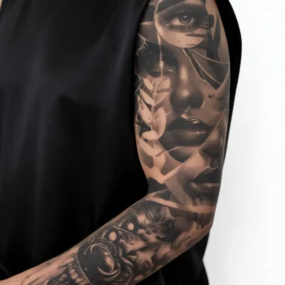 Tatuaje hiperrealista de brazo completo con retrato de mujer en negro y gris realizado en Avantgarde Tattoo Barcelona